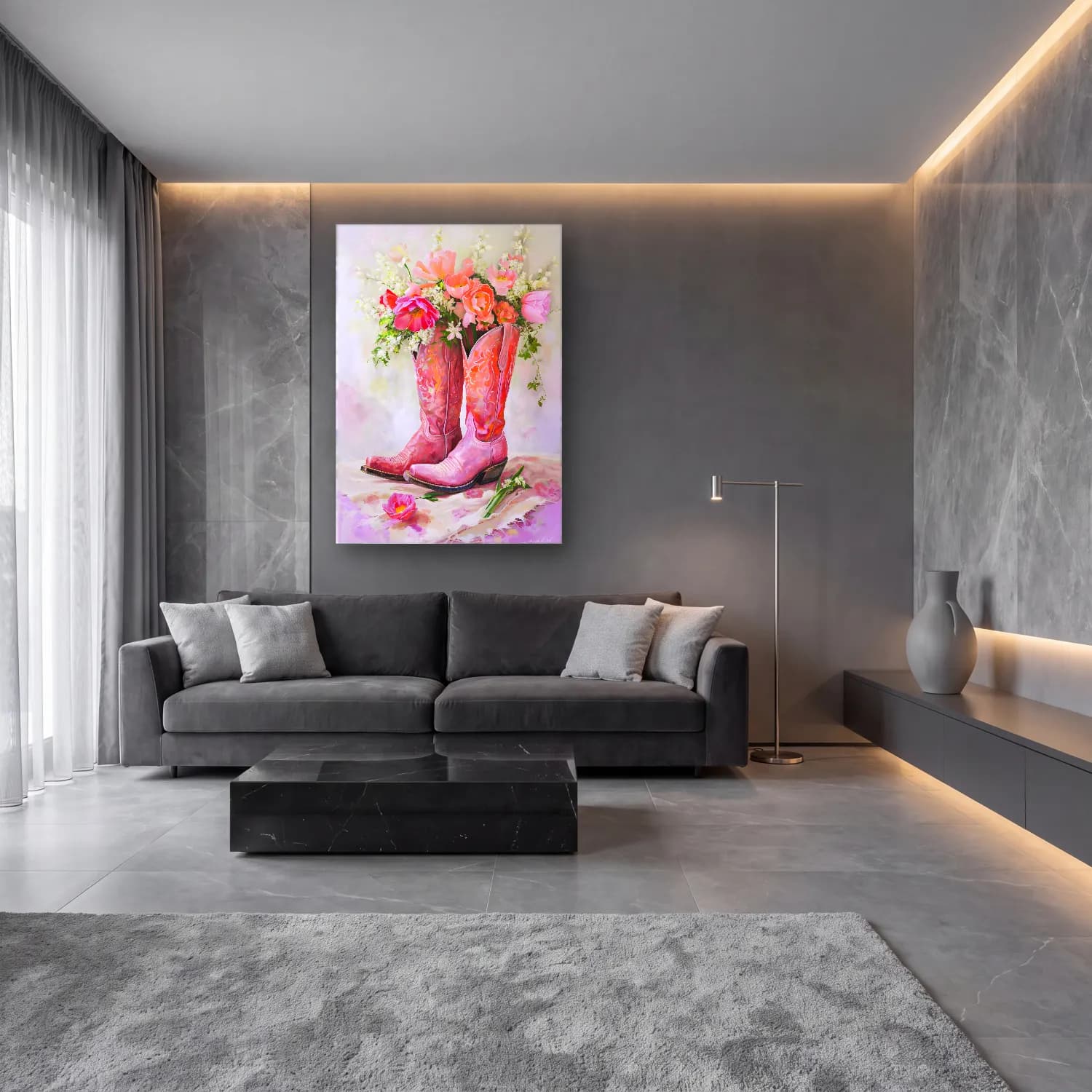 Yağlı Boya Pembe Şakayıklar No. 8 cam tablo — lüks salon duvarında
