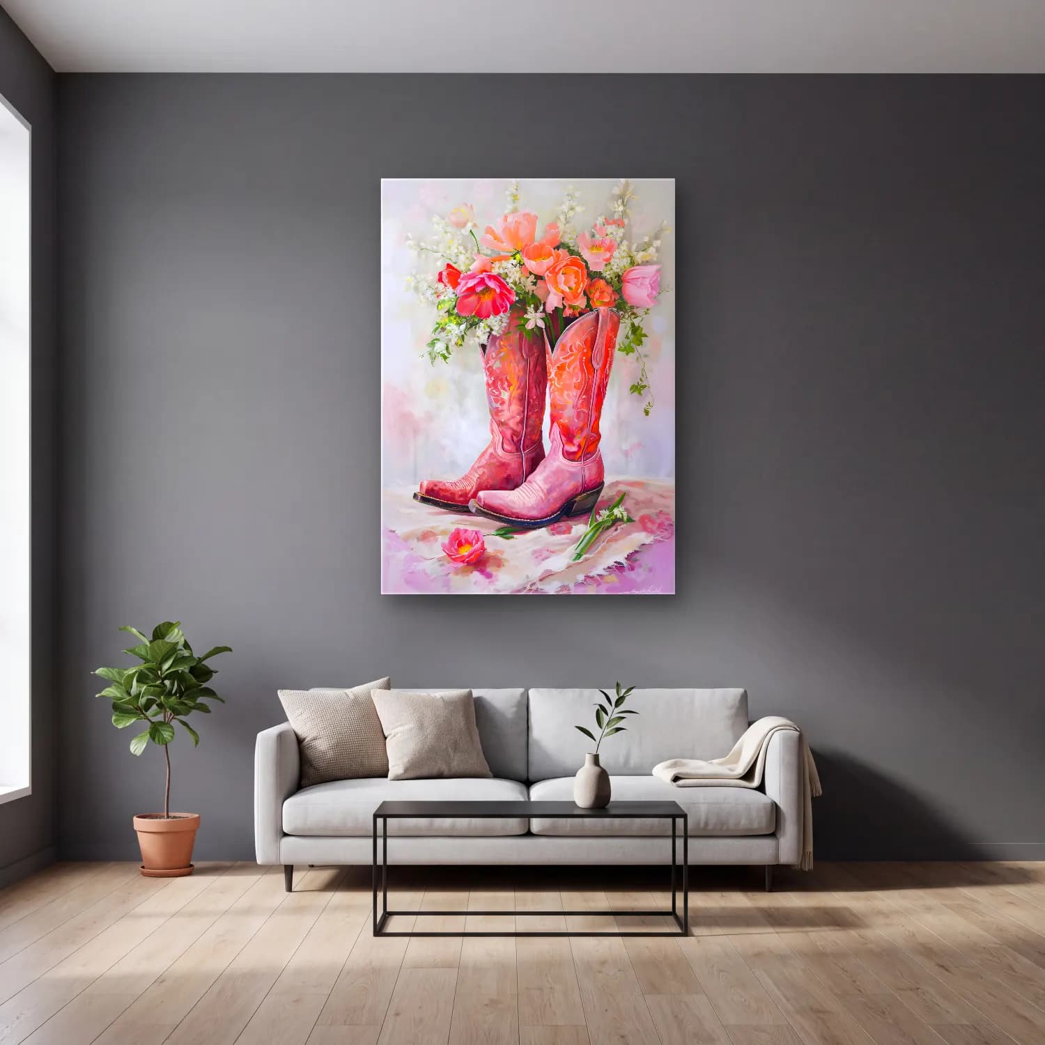 Yağlı Boya Pembe Şakayıklar No. 8 cam tablo — gri duvarlı salonda