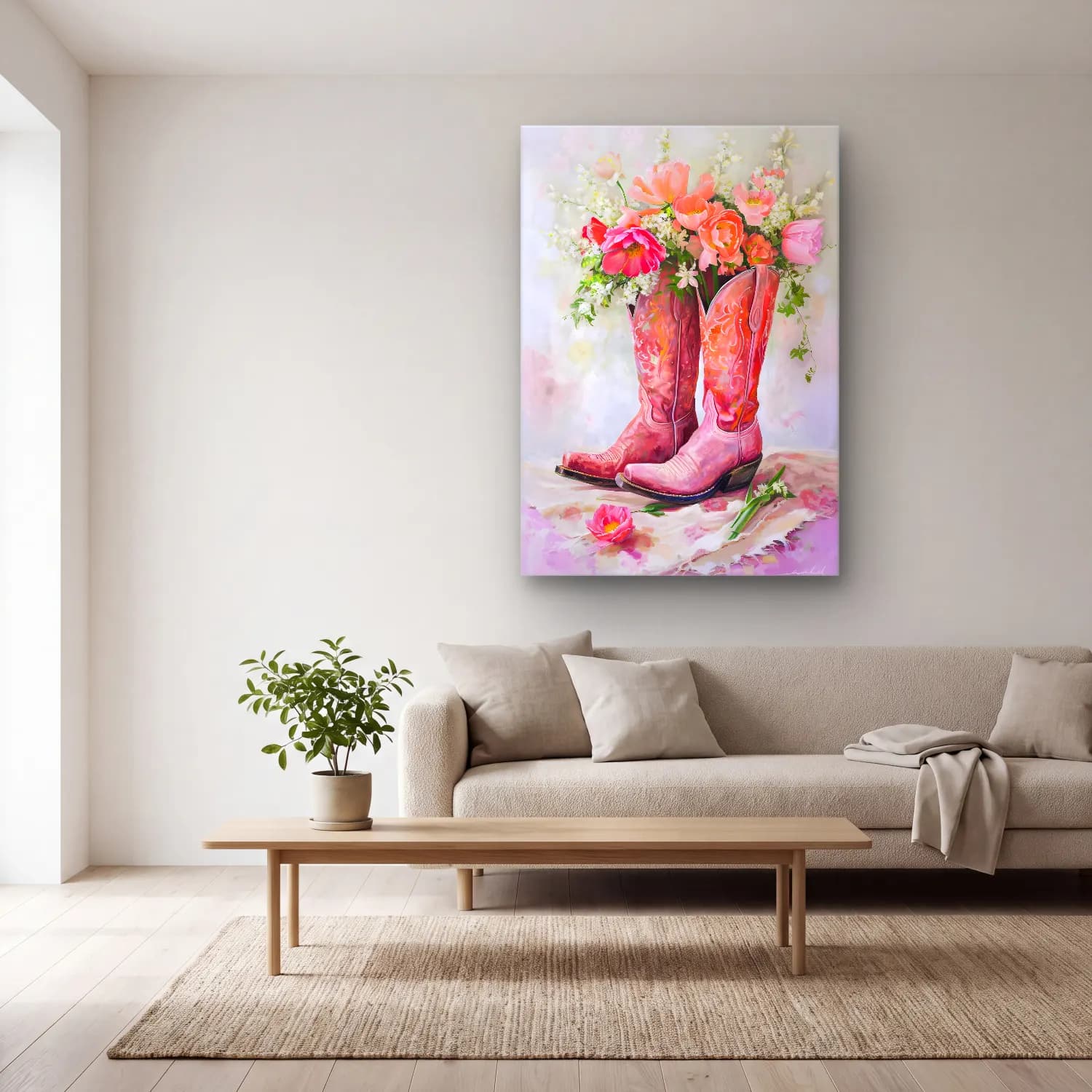 Yağlı Boya Pembe Şakayıklar No. 8 cam tablo — açık renk salonda