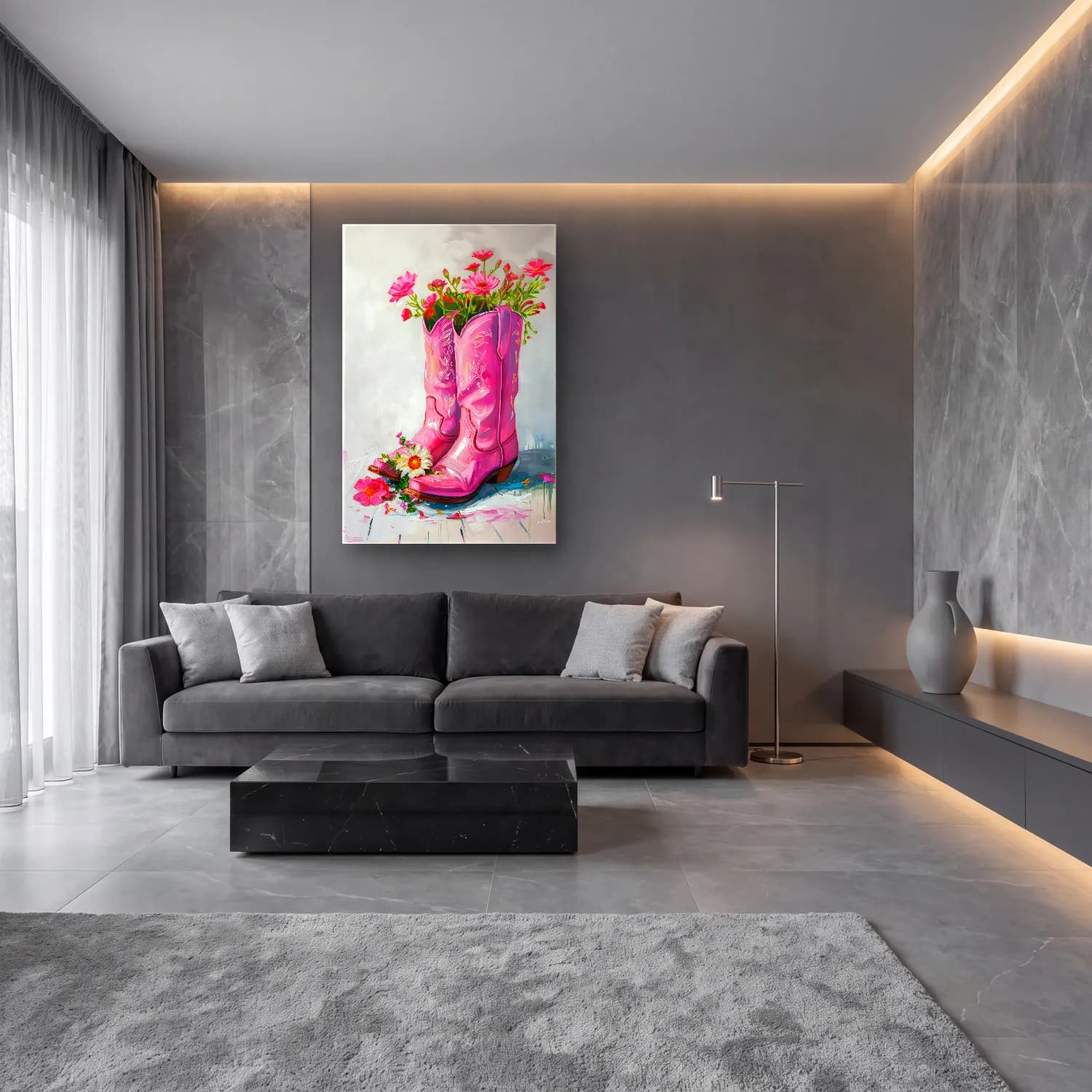 Yağlı Boya Pembe Şakayıklar No. 9 cam tablo — lüks salon duvarında