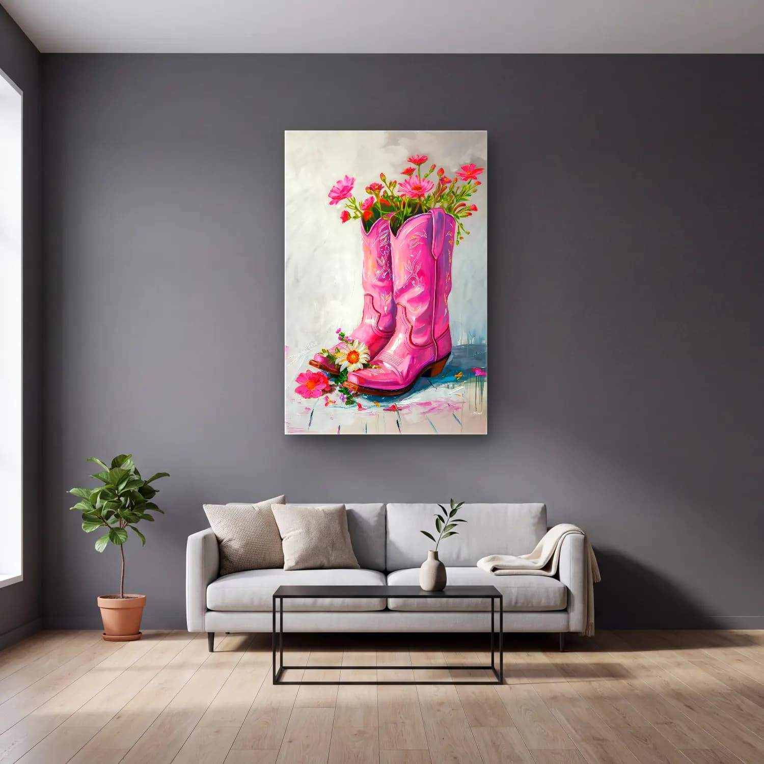 Yağlı Boya Pembe Şakayıklar No. 9 cam tablo — gri duvarlı salonda