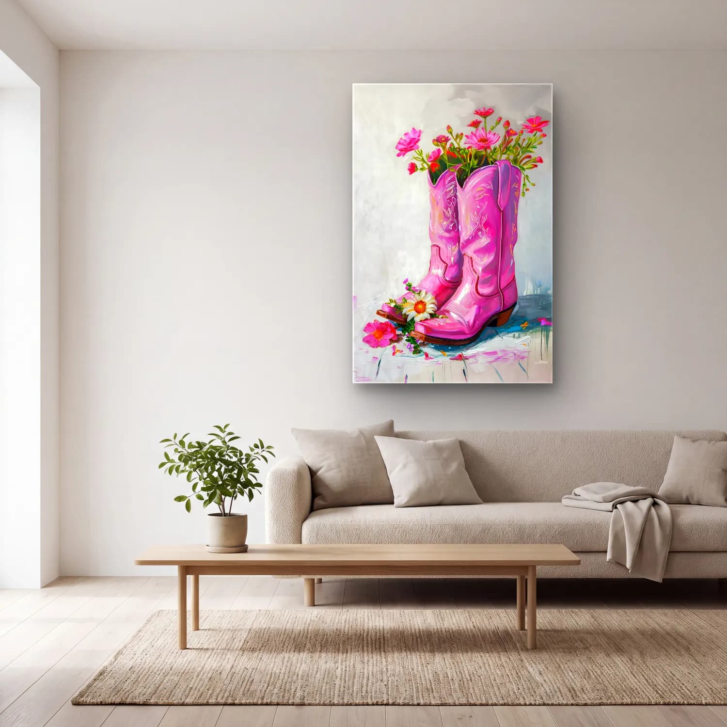 Yağlı Boya Pembe Şakayıklar No. 9 cam tablo — açık renk salonda