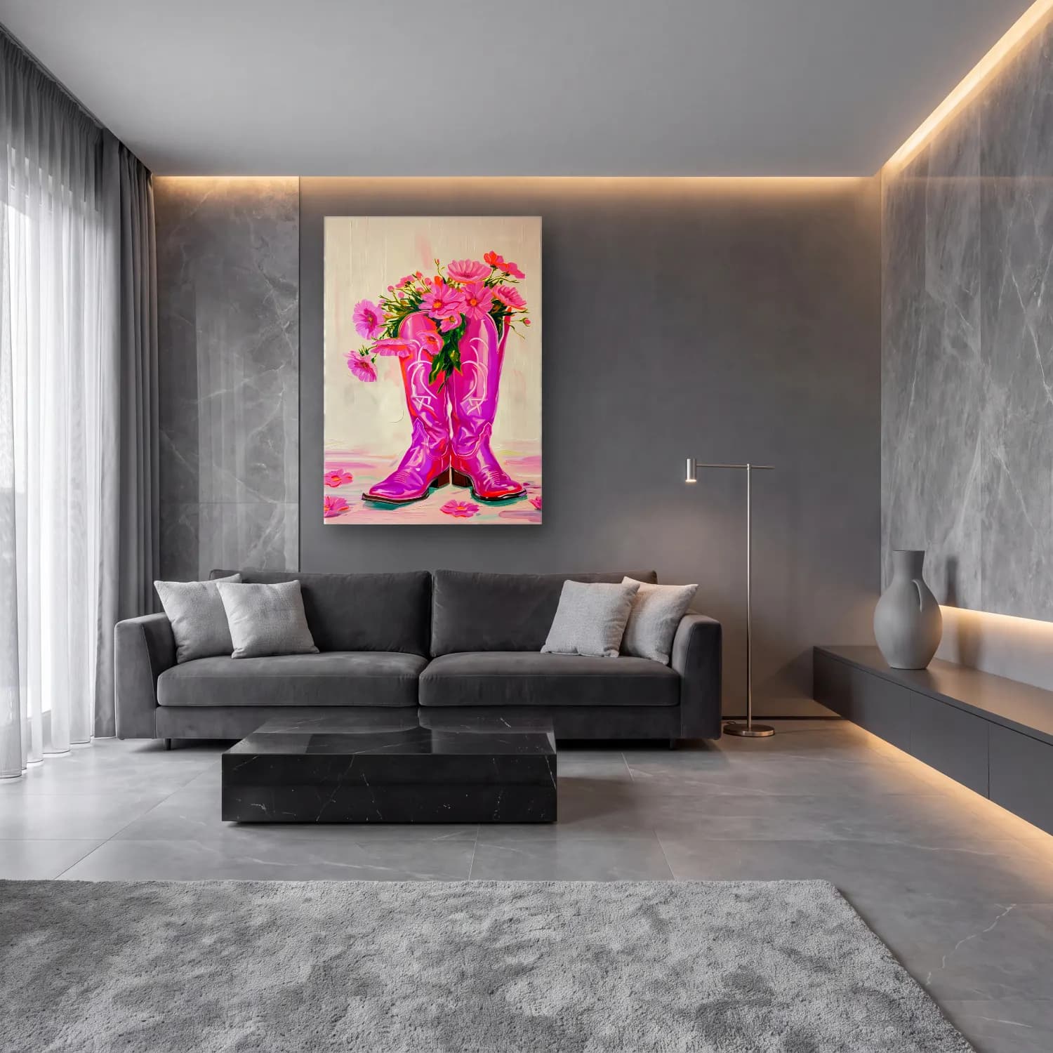 Yağlı Boya Pembe Şakayıklar No. 10 cam tablo — lüks salon duvarında