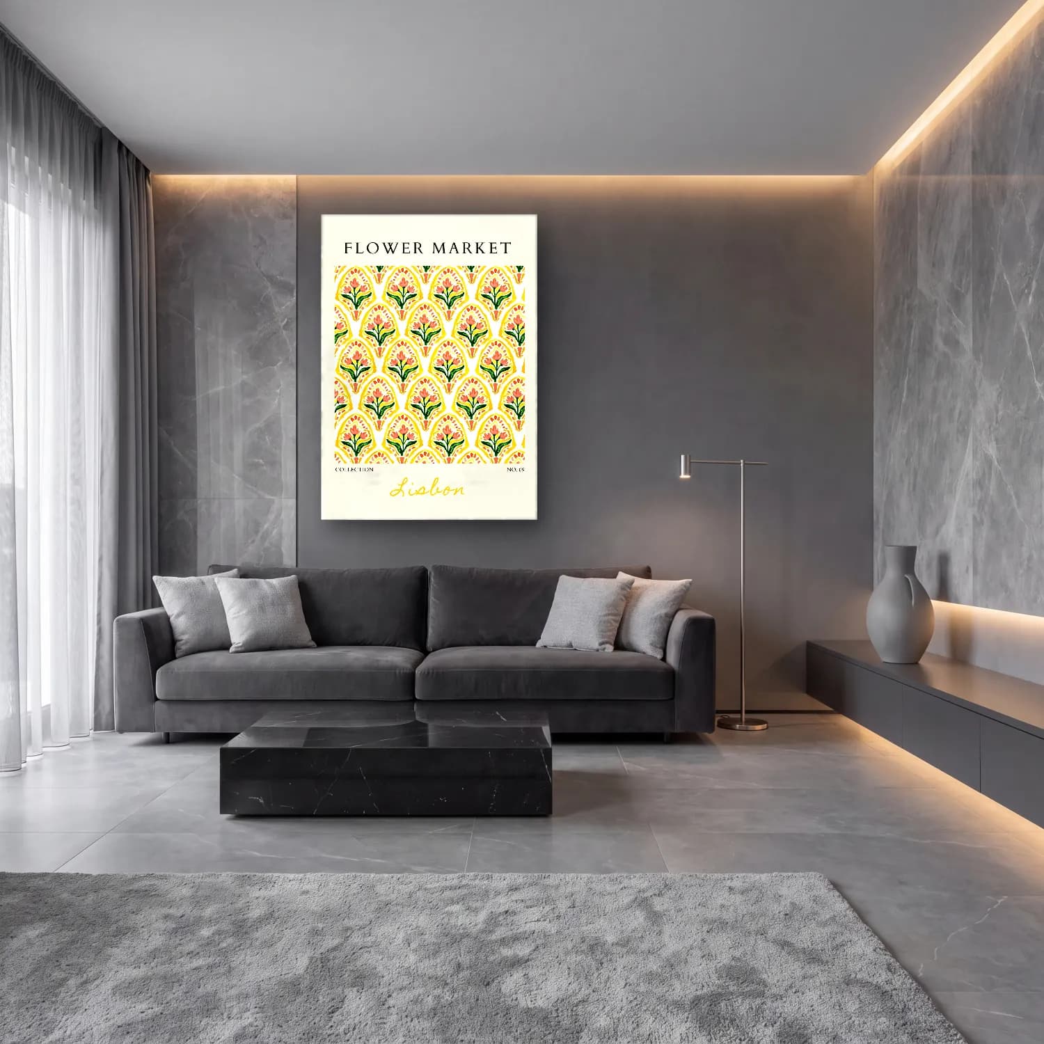 Boho Çiçek Deseni No. 41 cam tablo — lüks salon duvarında