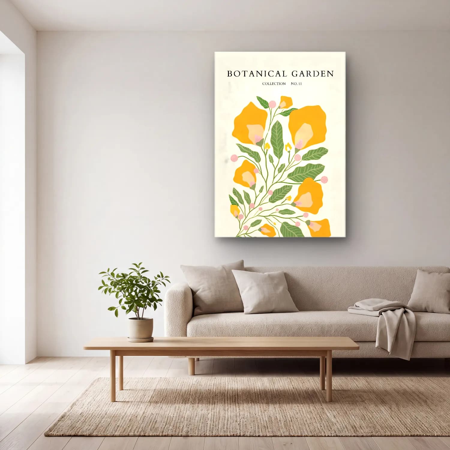 Botanik İllüstrasyon Çiçek Deseni No. 71 cam tablo — açık renk salonda