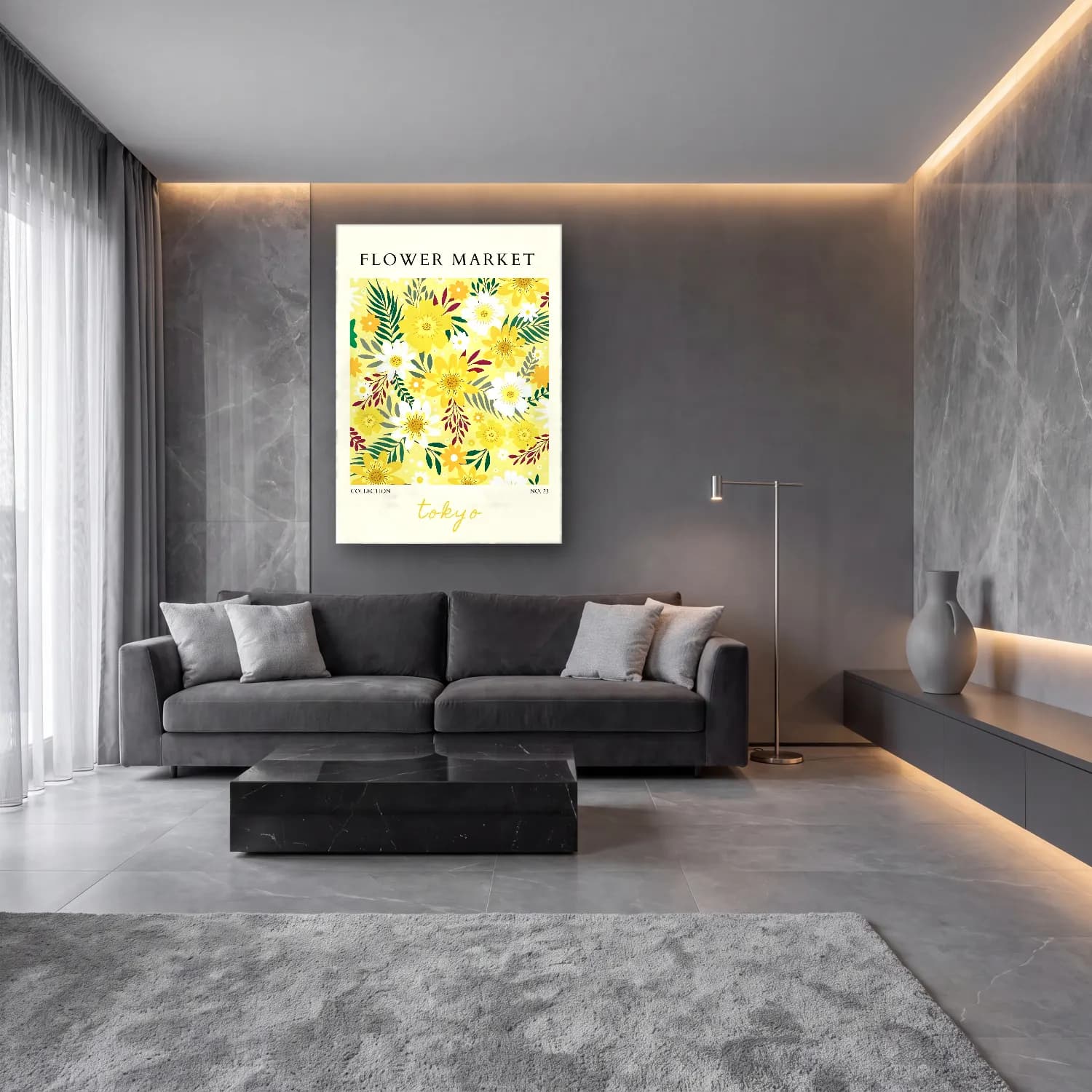 Retro Çiçek Deseni No. 41 cam tablo — lüks salon duvarında