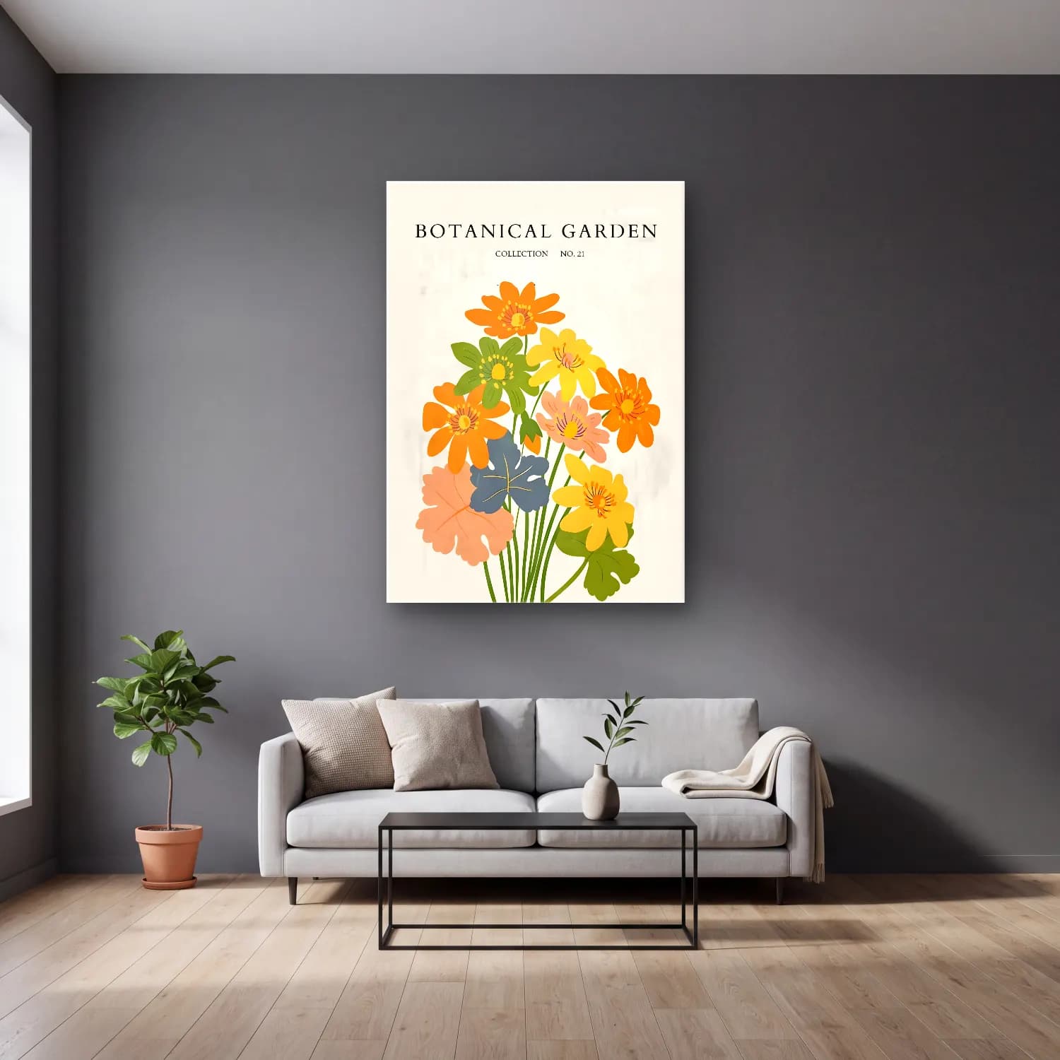 Pastel Çiçek Deseni No. 70 cam tablo — gri duvarlı salonda