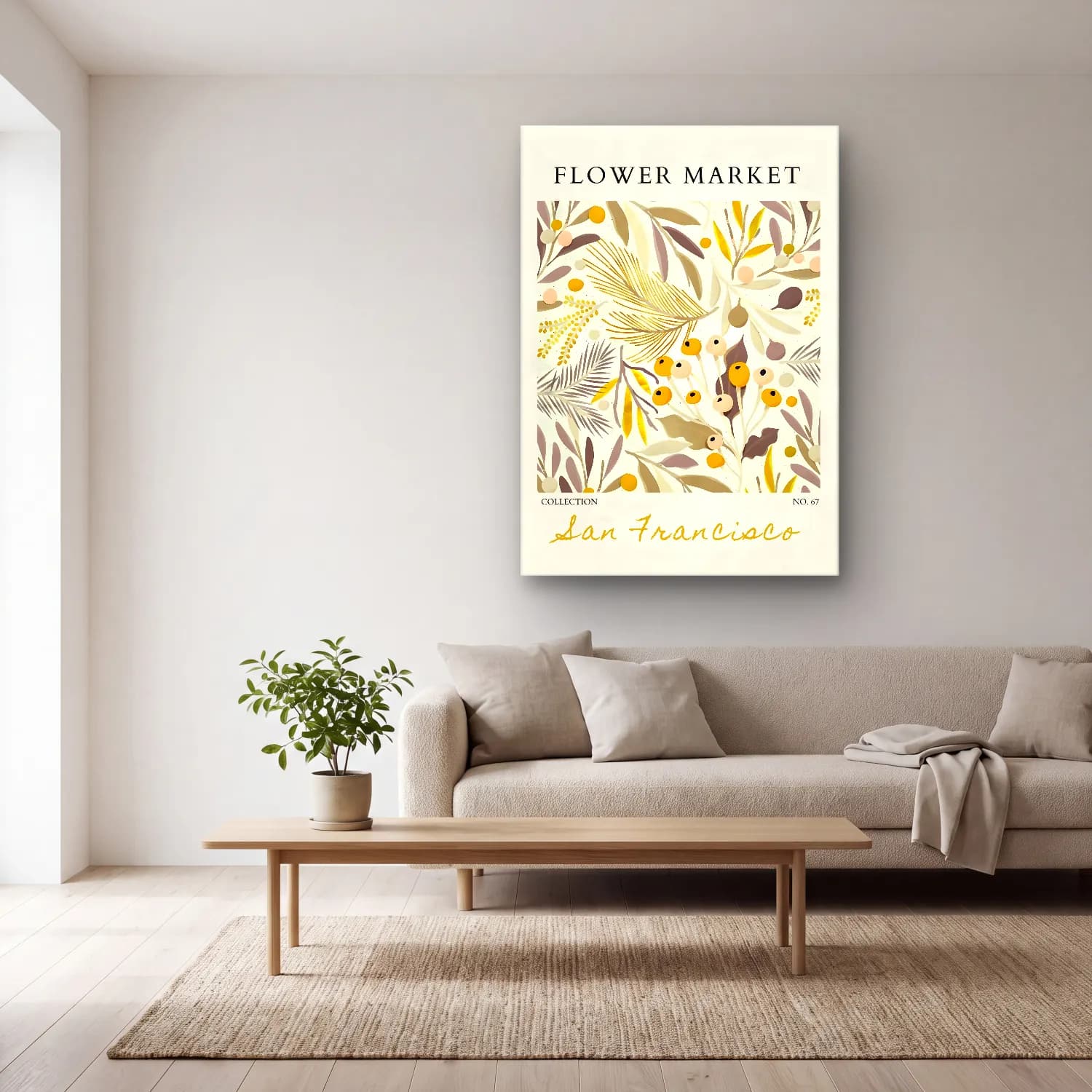 Boho Çiçek Deseni No. 40 cam tablo — açık renk salonda