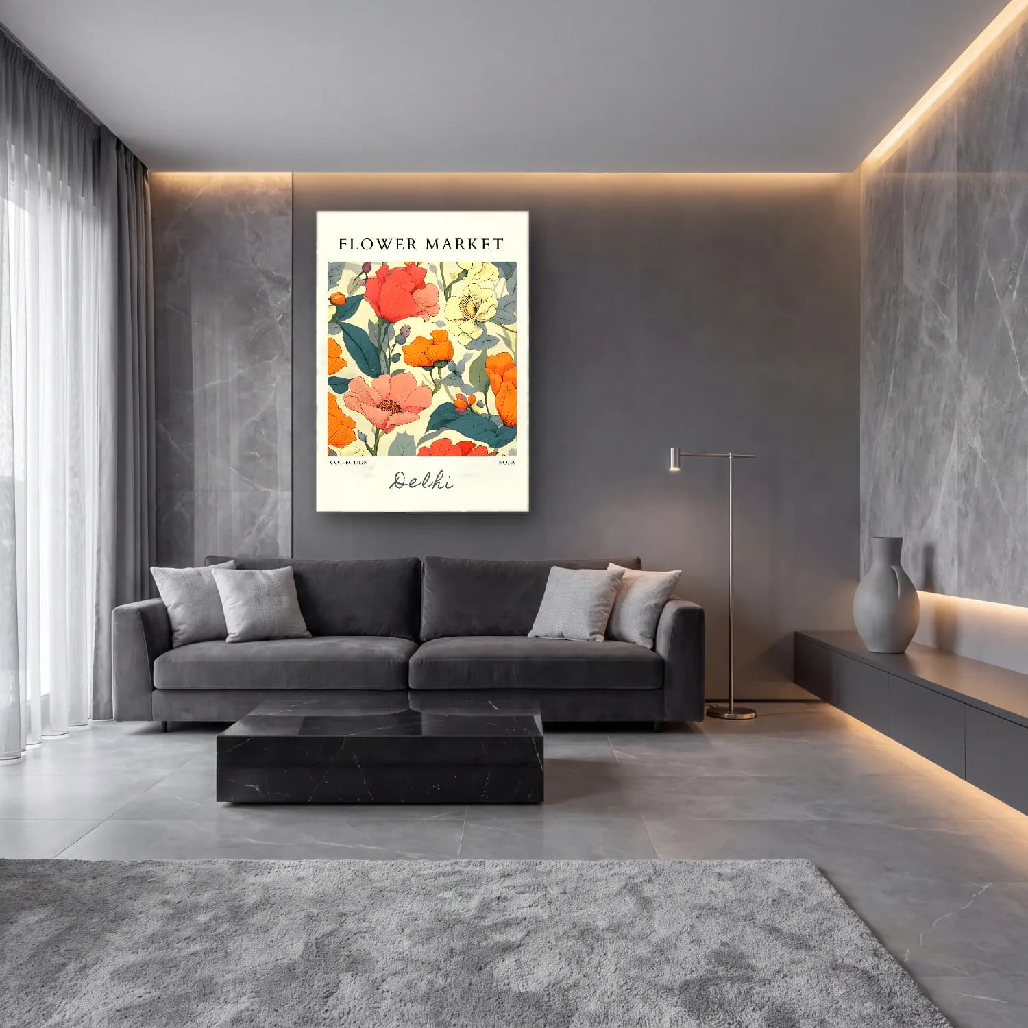 Retro Çiçek Deseni No. 53 cam tablo — lüks salon duvarında