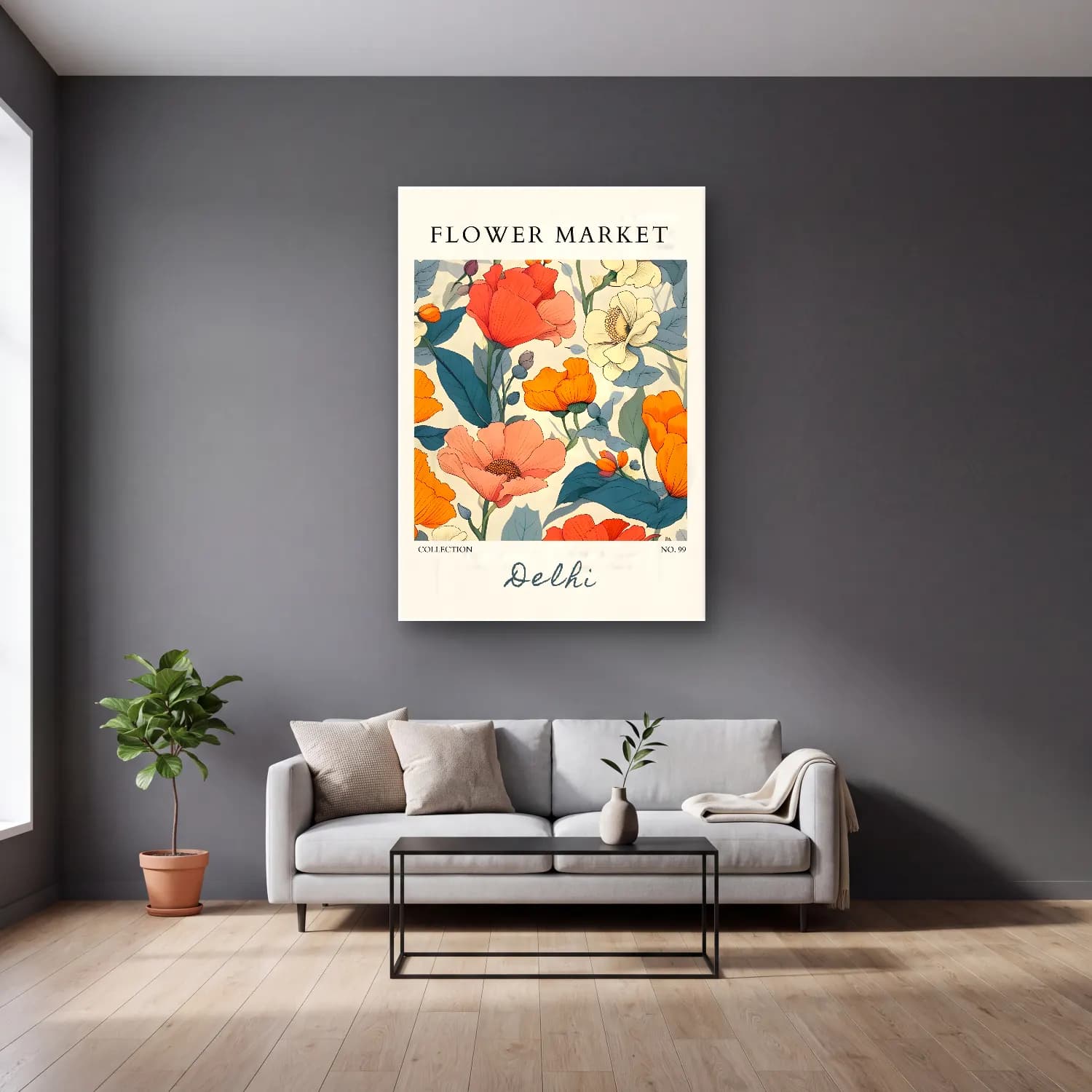 Retro Çiçek Deseni No. 53 cam tablo — gri duvarlı salonda