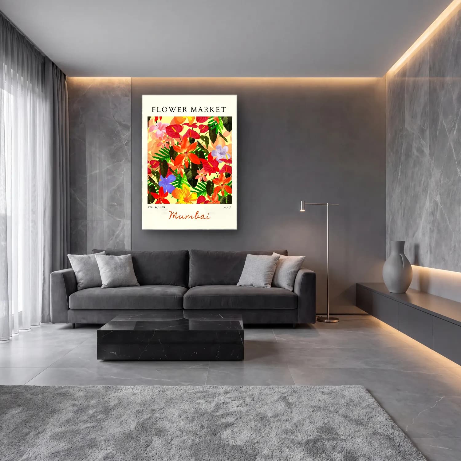 Maksimalist Çiçek Deseni No. 19 cam tablo — lüks salon duvarında