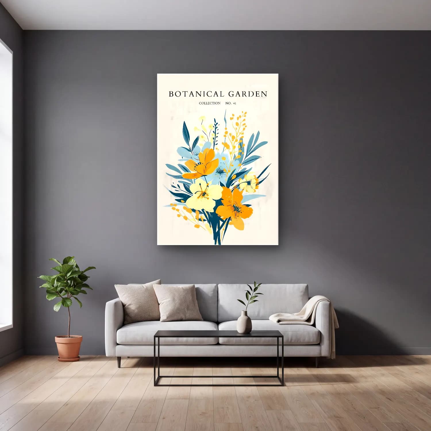 Boho Çiçek Deseni No. 44 cam tablo — gri duvarlı salonda