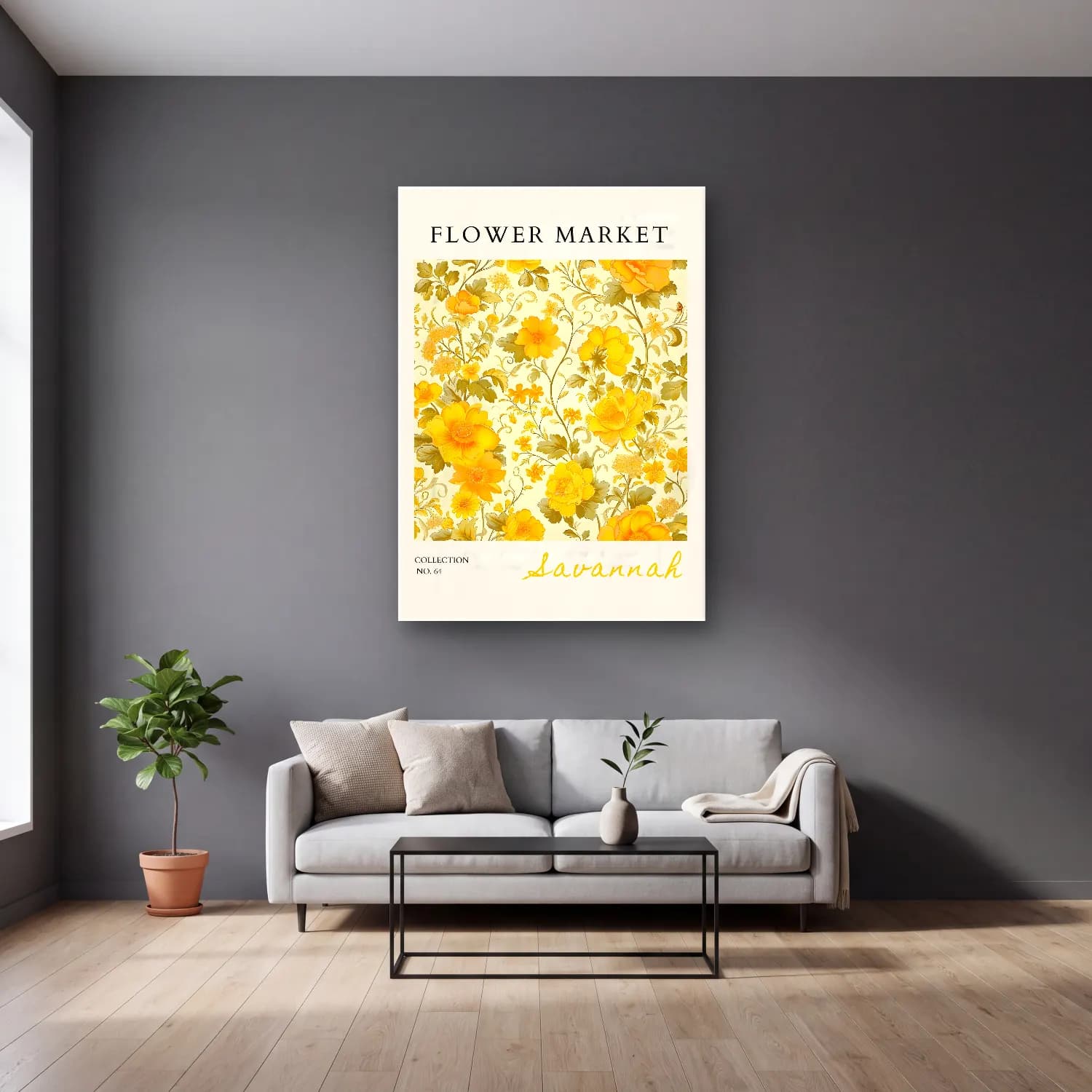 Retro Çiçek Deseni No. 69 cam tablo — gri duvarlı salonda