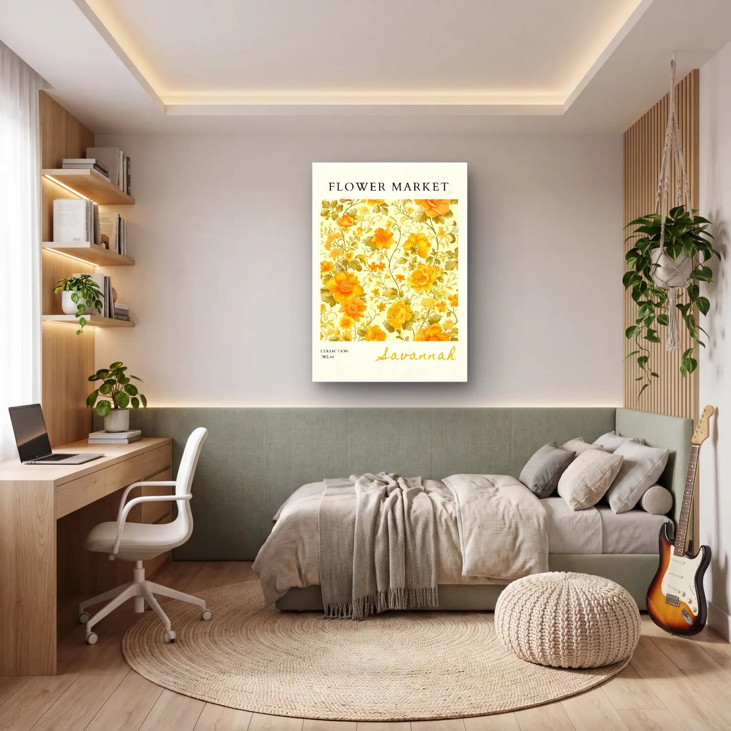 Retro Çiçek Deseni No. 69 cam tablo — genç odasında