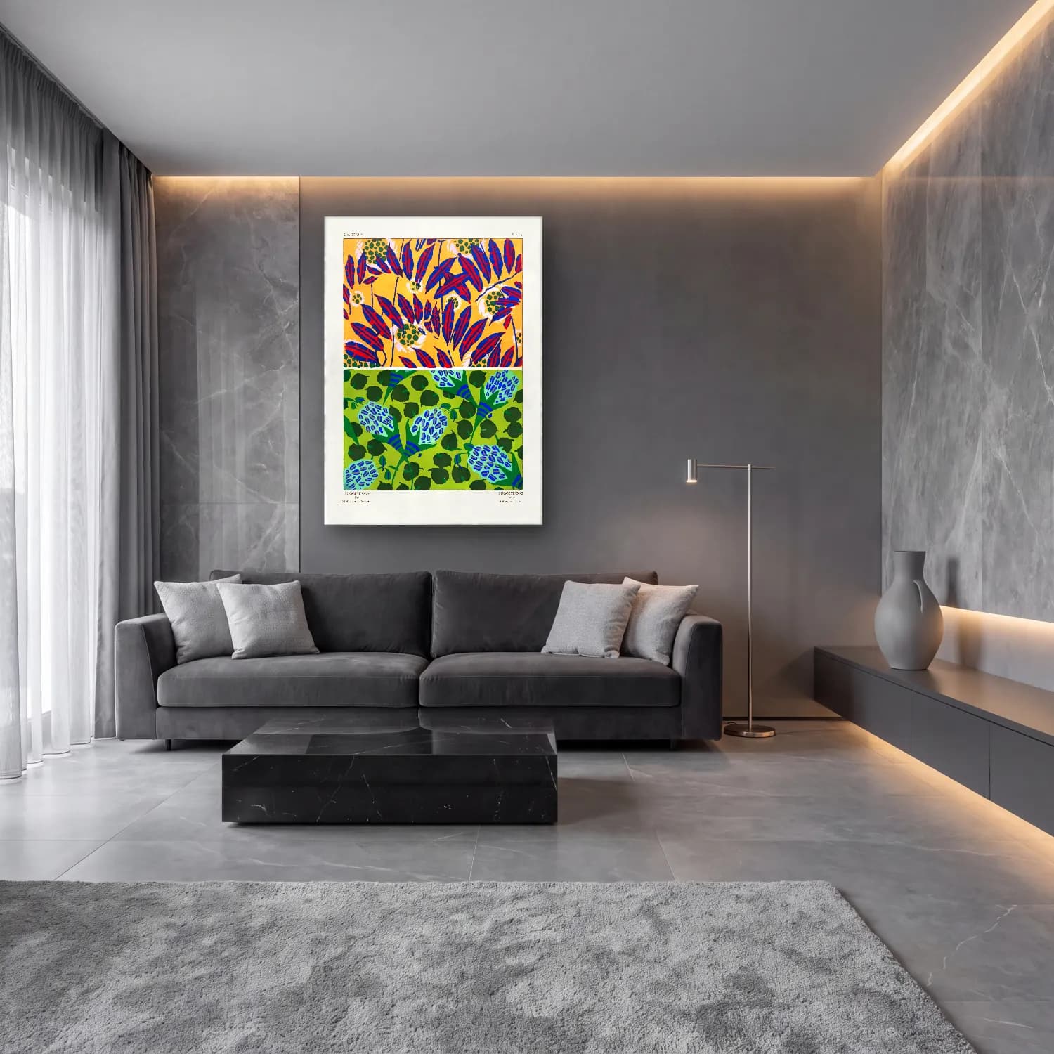 Maksimalist Çiçek Deseni No. 80 cam tablo — lüks salon duvarında