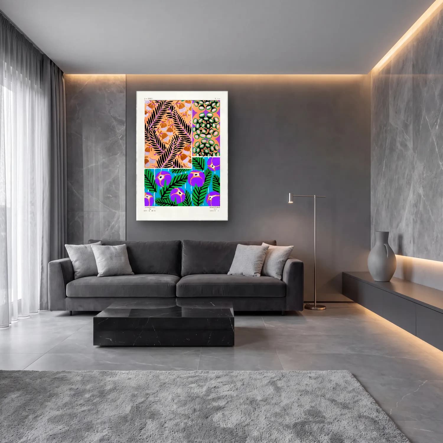 Maksimalist Çiçek Deseni No. 81 cam tablo — lüks salon duvarında