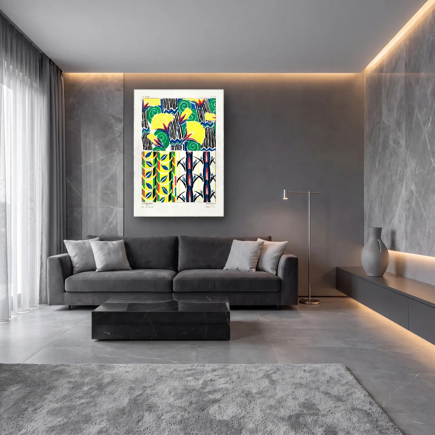 Maksimalist Çiçek Deseni No. 88 cam tablo — lüks salon duvarında