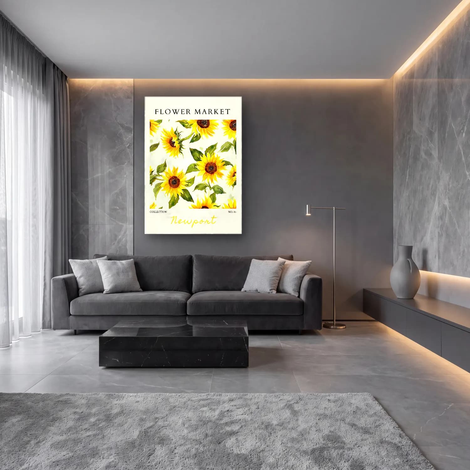 Botanik İllüstrasyon Ayçiçekleri No. 3 cam tablo — lüks salon duvarında