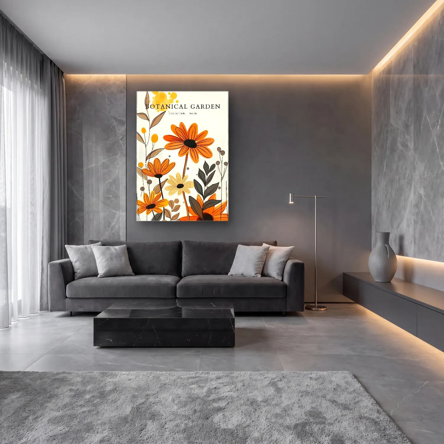Botanik İllüstrasyon Çiçek Deseni No. 76 cam tablo — lüks salon duvarında
