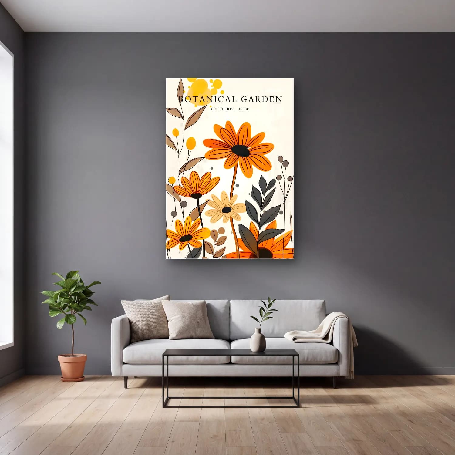 Botanik İllüstrasyon Çiçek Deseni No. 76 cam tablo — gri duvarlı salonda