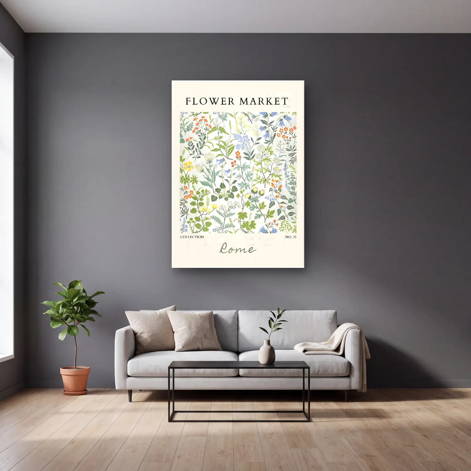 Pastel Çiçek Deseni No. 69 cam tablo — gri duvarlı salonda