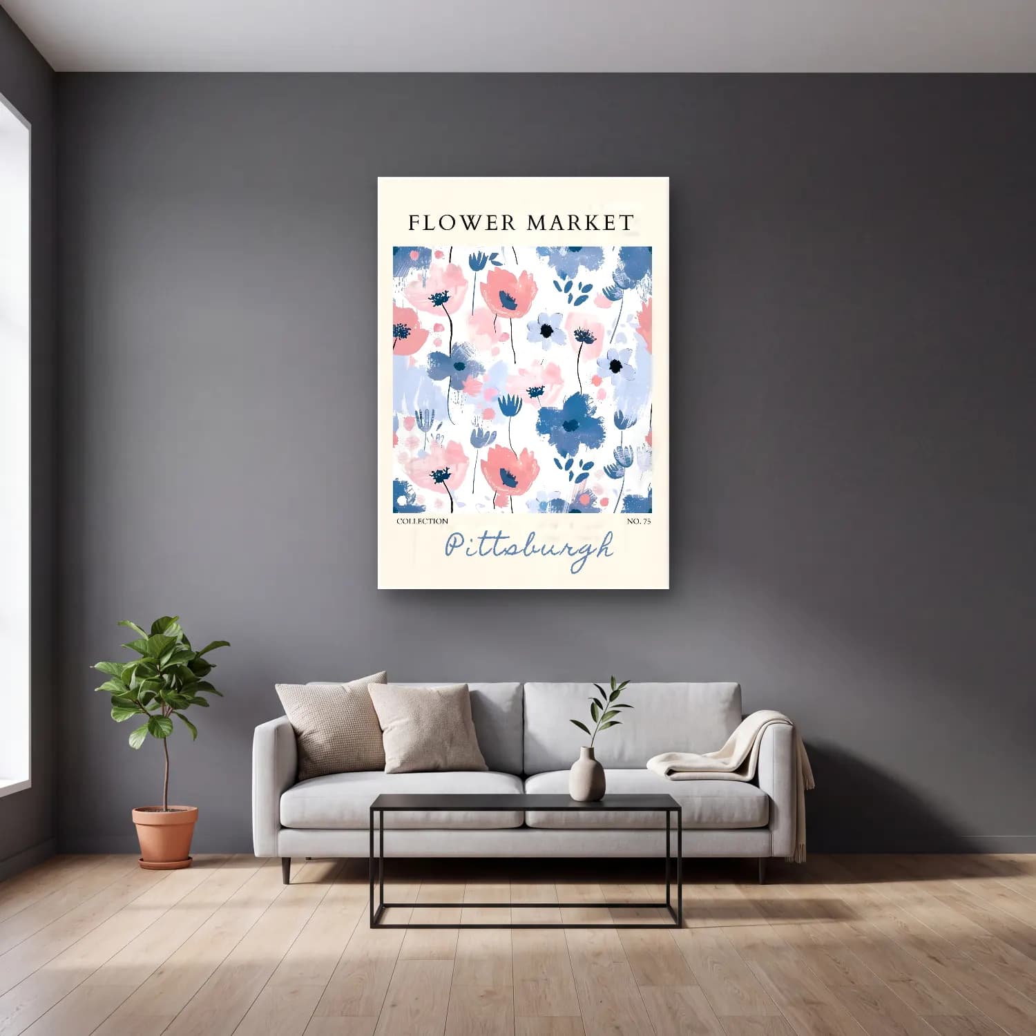 Pastel Çiçek Deseni No. 110 cam tablo — gri duvarlı salonda