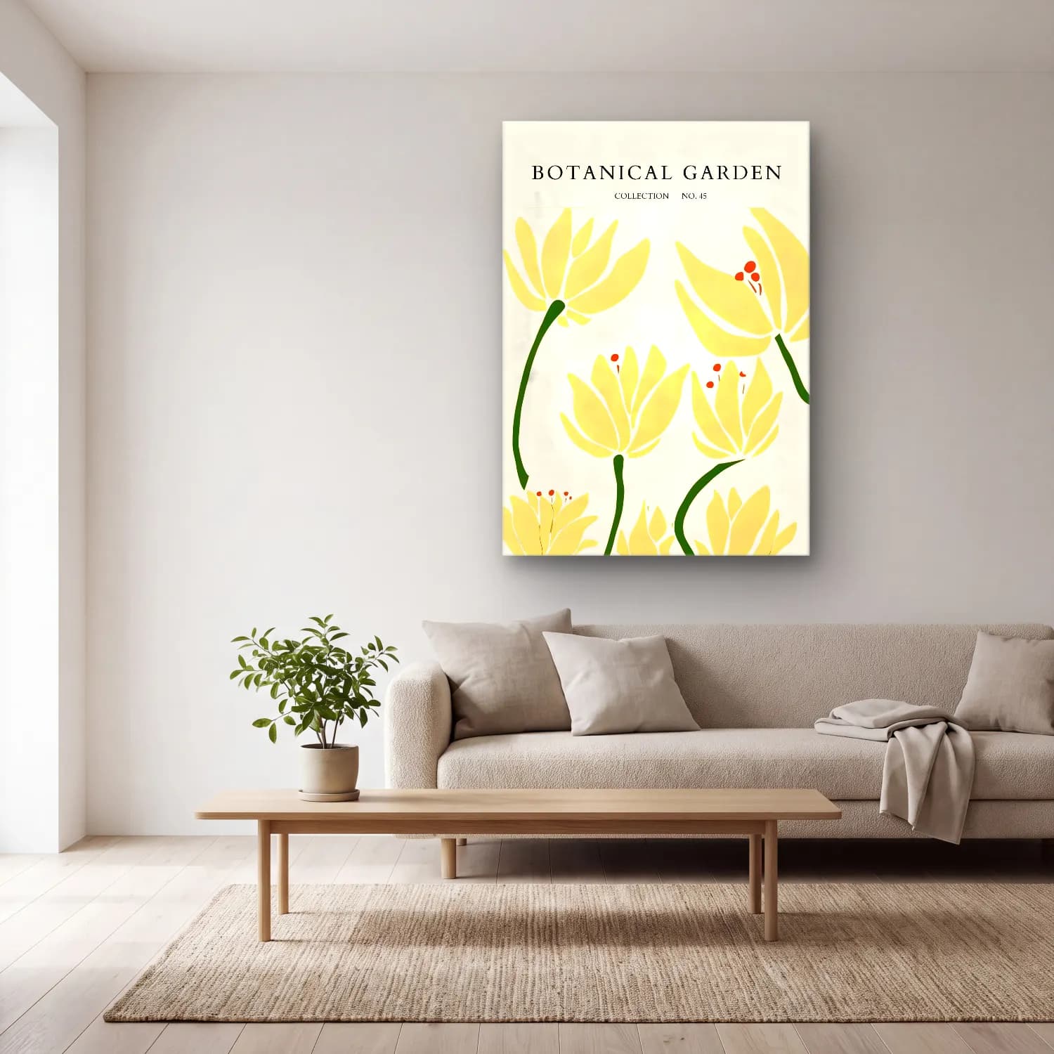 Botanik İllüstrasyon Lotus Çiçekleri No. 8 cam tablo — açık renk salonda