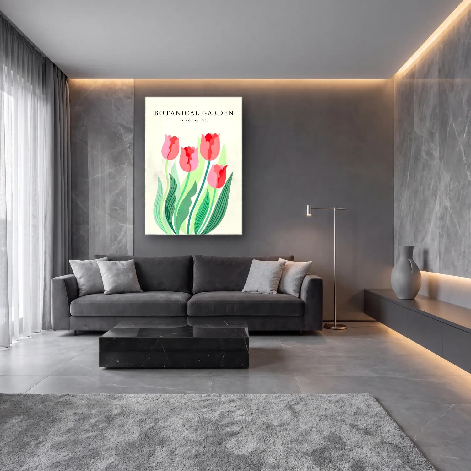 Pastel Laleler No. 8 cam tablo — lüks salon duvarında