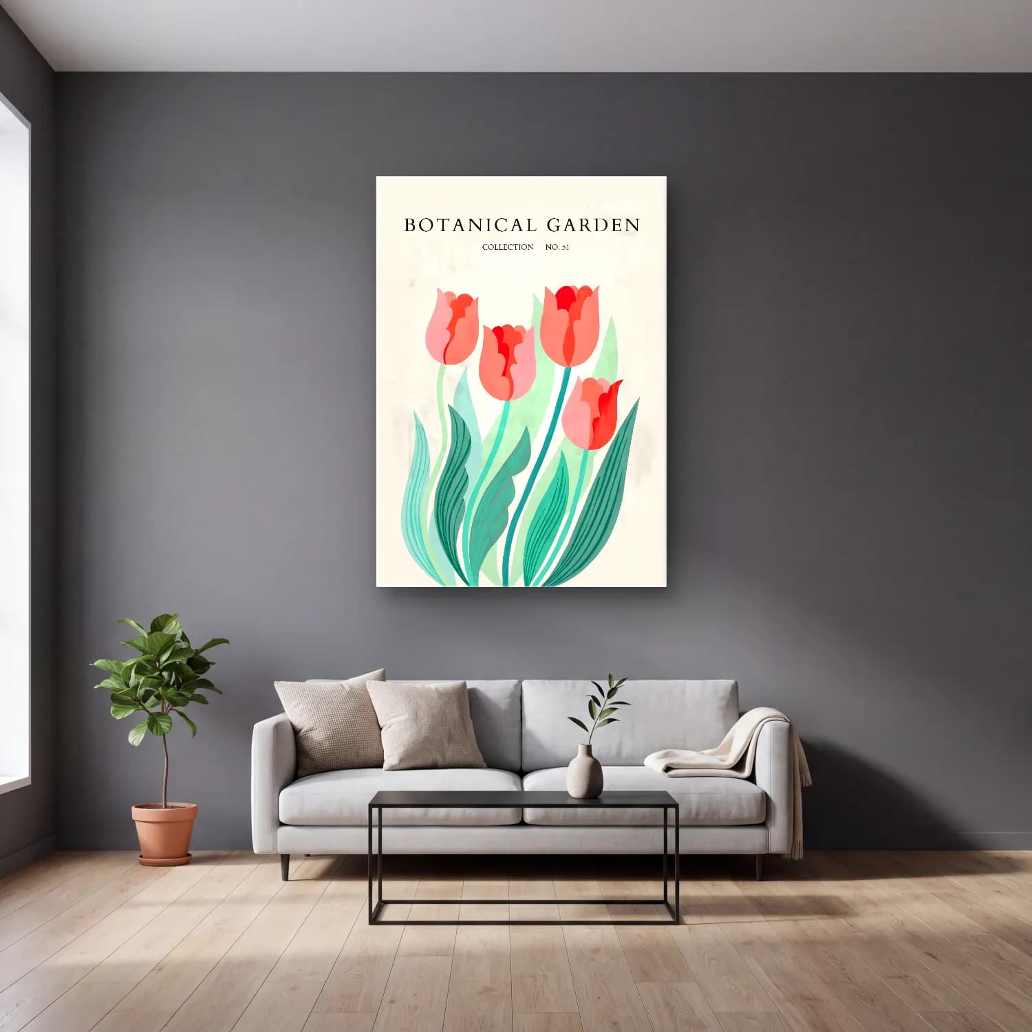 Pastel Laleler No. 8 cam tablo — gri duvarlı salonda