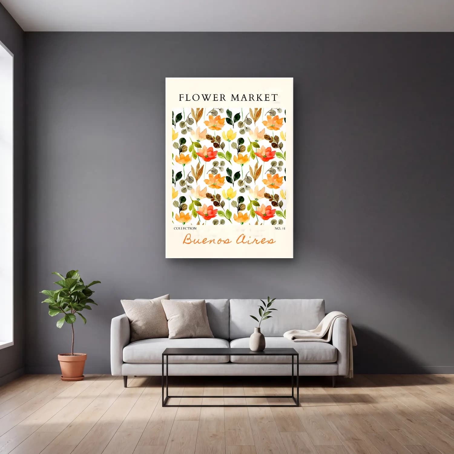 Boho Çiçek Deseni No. 36 cam tablo — gri duvarlı salonda