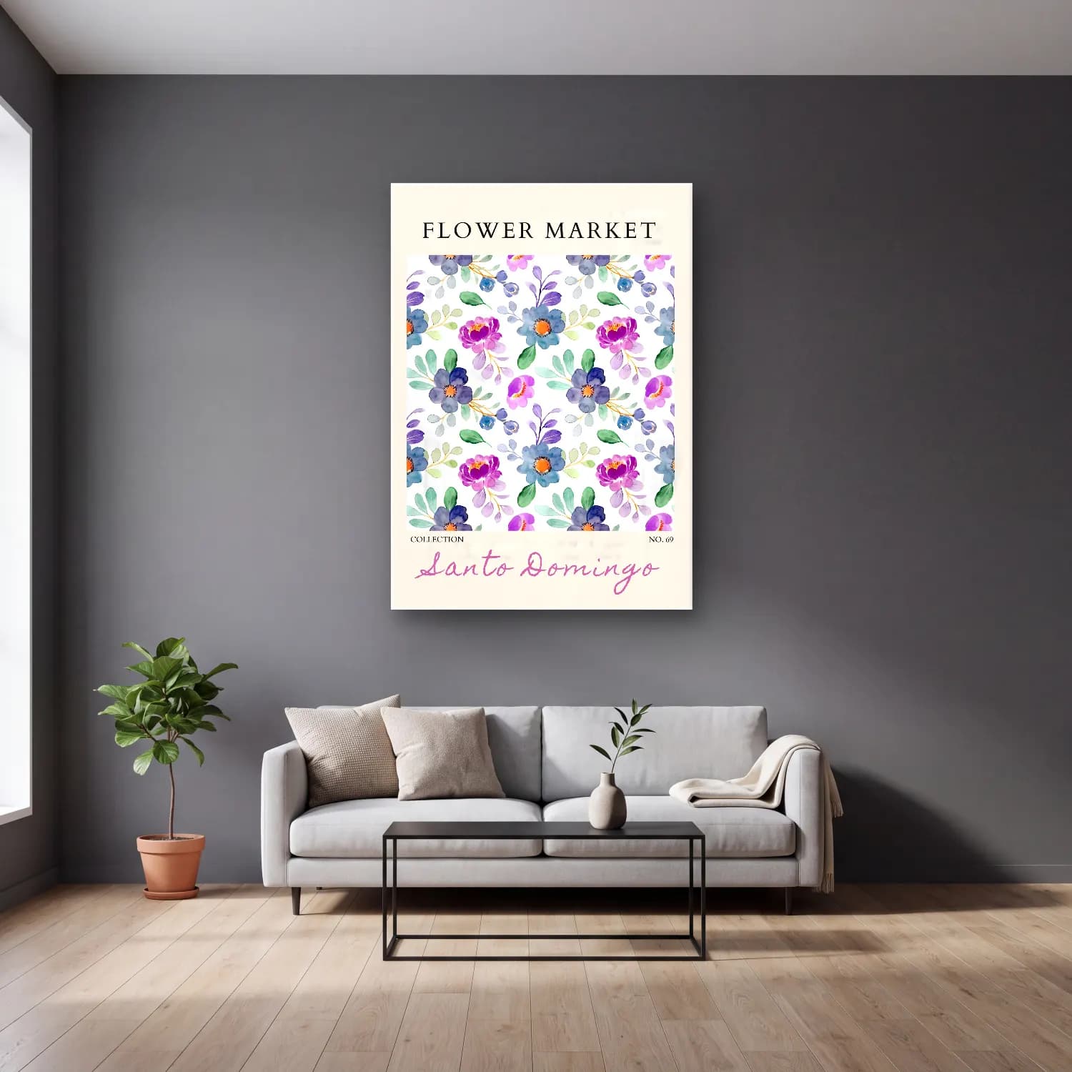 Pastel Çiçek Deseni No. 95 cam tablo — gri duvarlı salonda