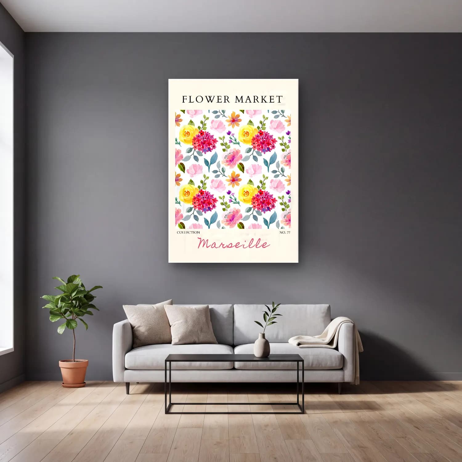 Pastel Çiçek Deseni No. 99 cam tablo — gri duvarlı salonda