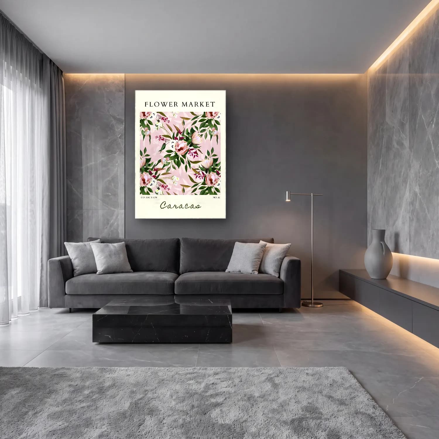 Pastel Çiçek Deseni No. 101 cam tablo — lüks salon duvarında