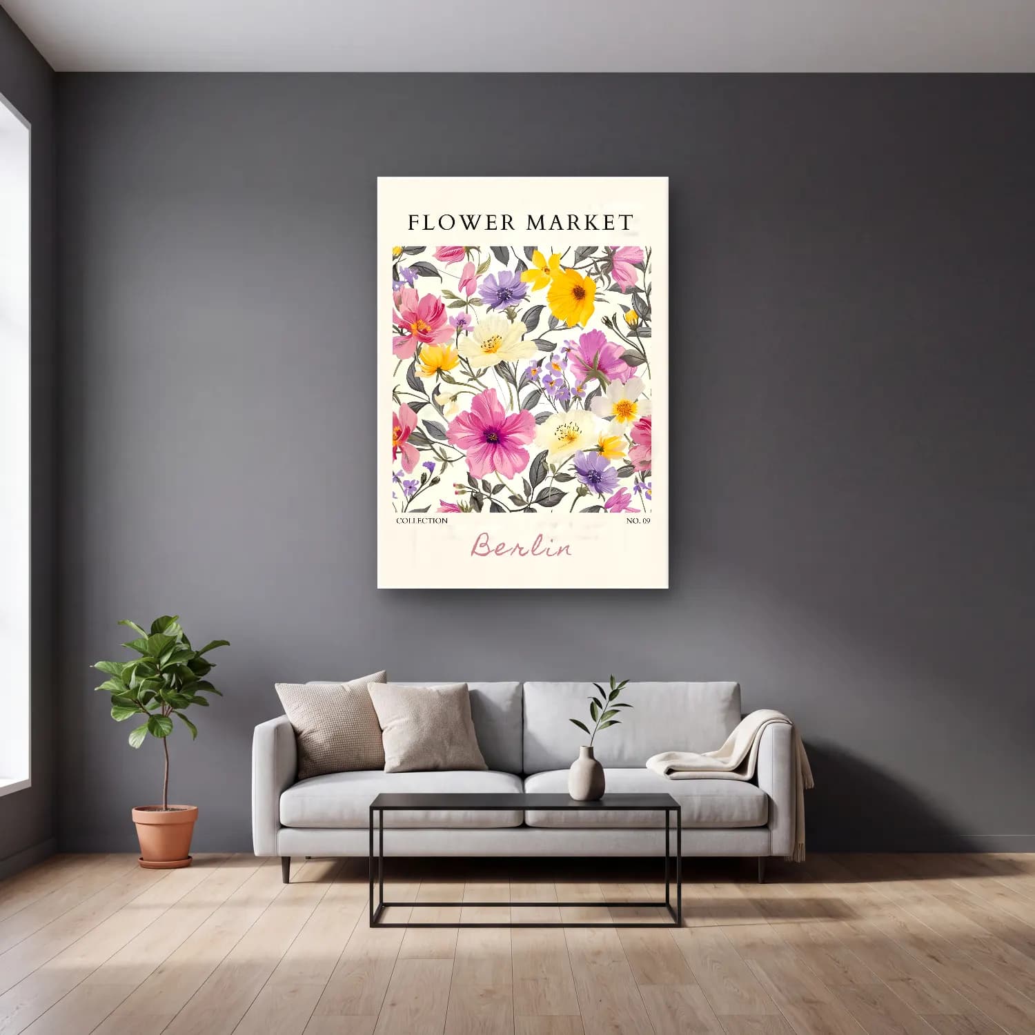 Pastel Çiçek Deseni No. 111 cam tablo — gri duvarlı salonda