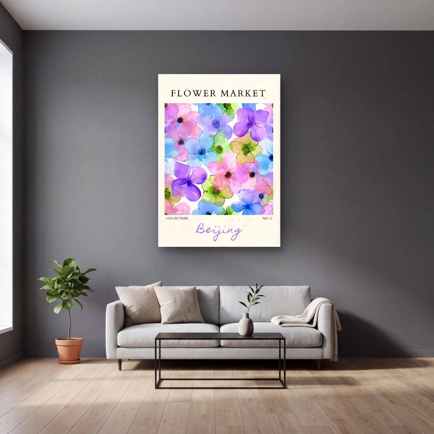 Pastel Çiçek Deseni No. 112 cam tablo — gri duvarlı salonda