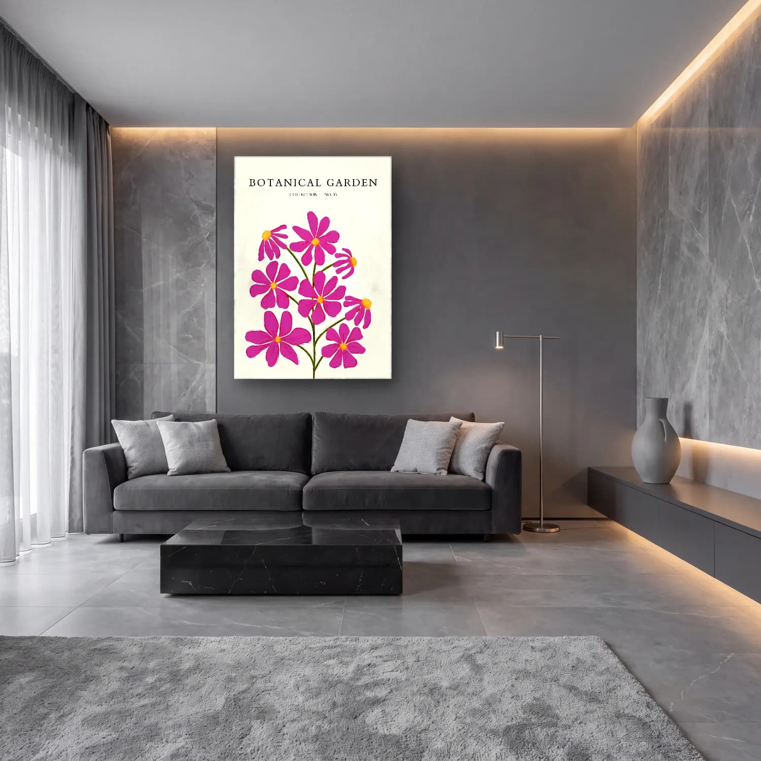 Botanik İllüstrasyon Papatyalar No. 8 cam tablo — lüks salon duvarında