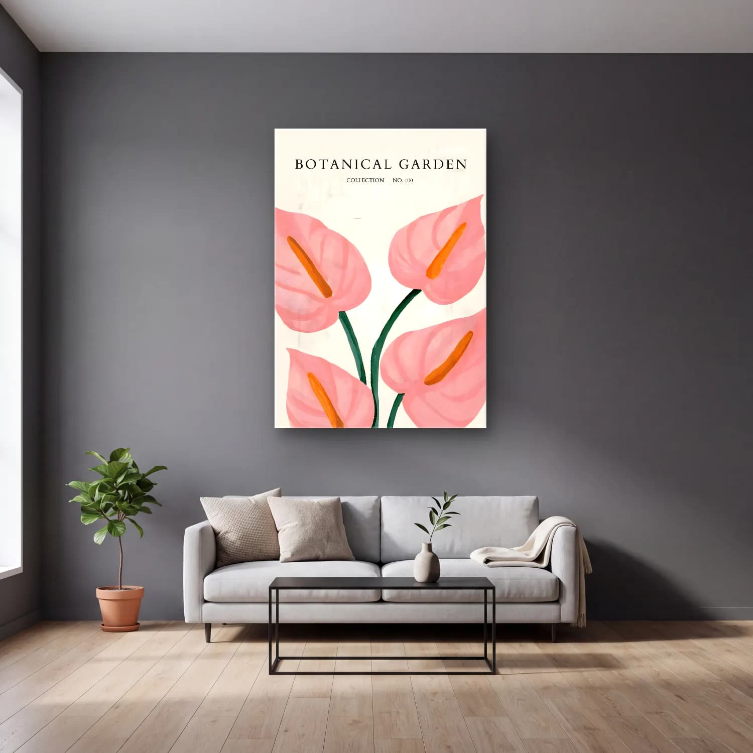 Pastel Zambaklar No. 3 cam tablo — gri duvarlı salonda