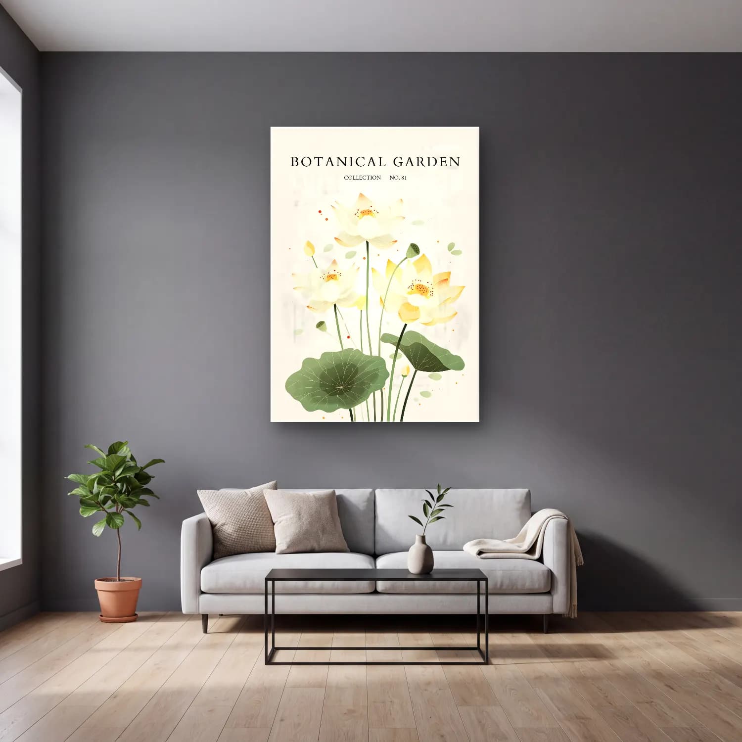 Botanik İllüstrasyon Lotus Çiçekleri No. 9 cam tablo — gri duvarlı salonda