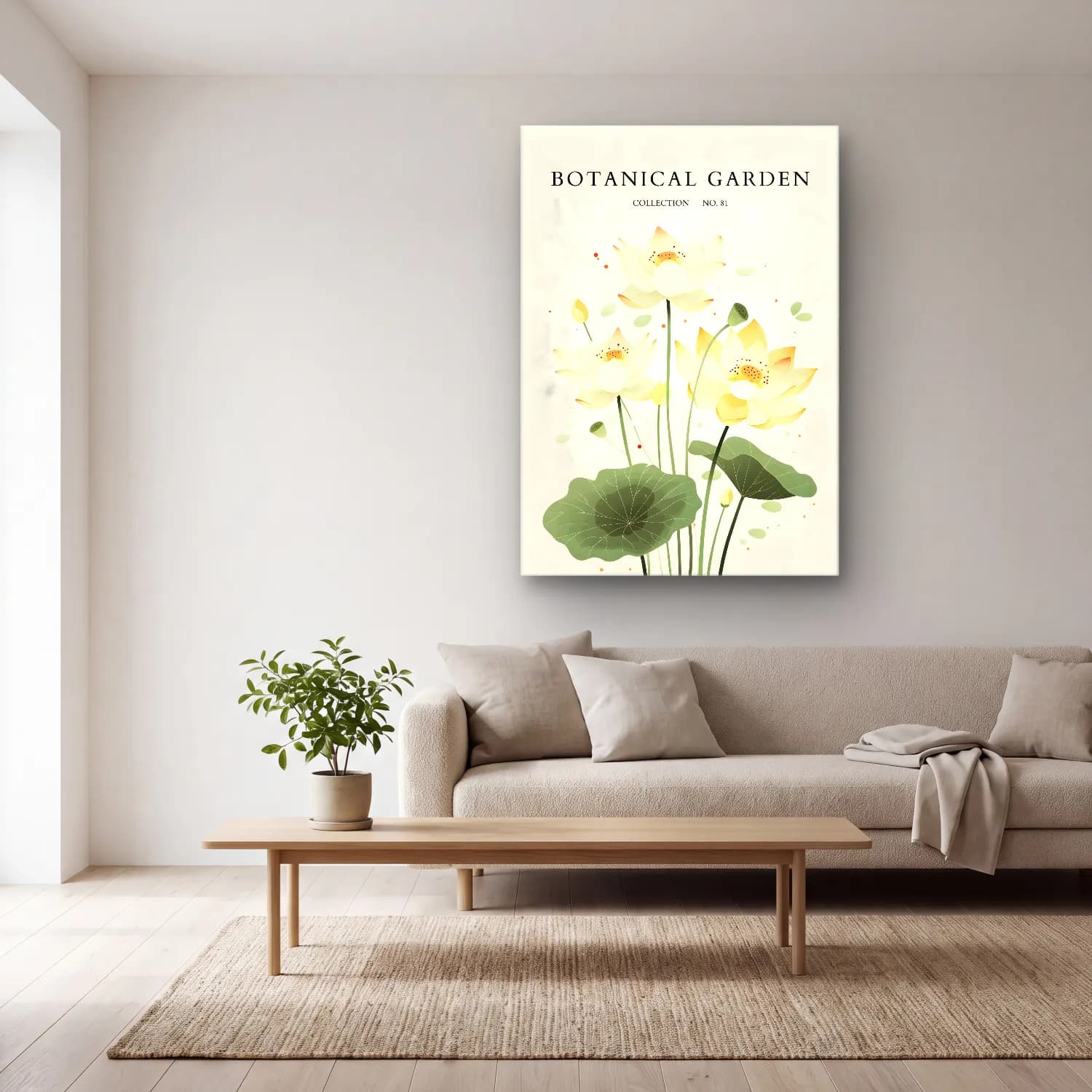 Botanik İllüstrasyon Lotus Çiçekleri No. 9 cam tablo — açık renk salonda