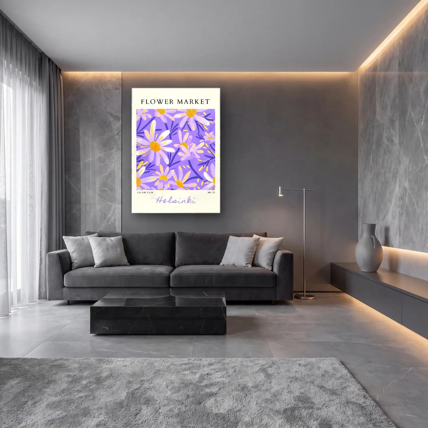 Pastel Papatyalar No. 10 cam tablo — lüks salon duvarında