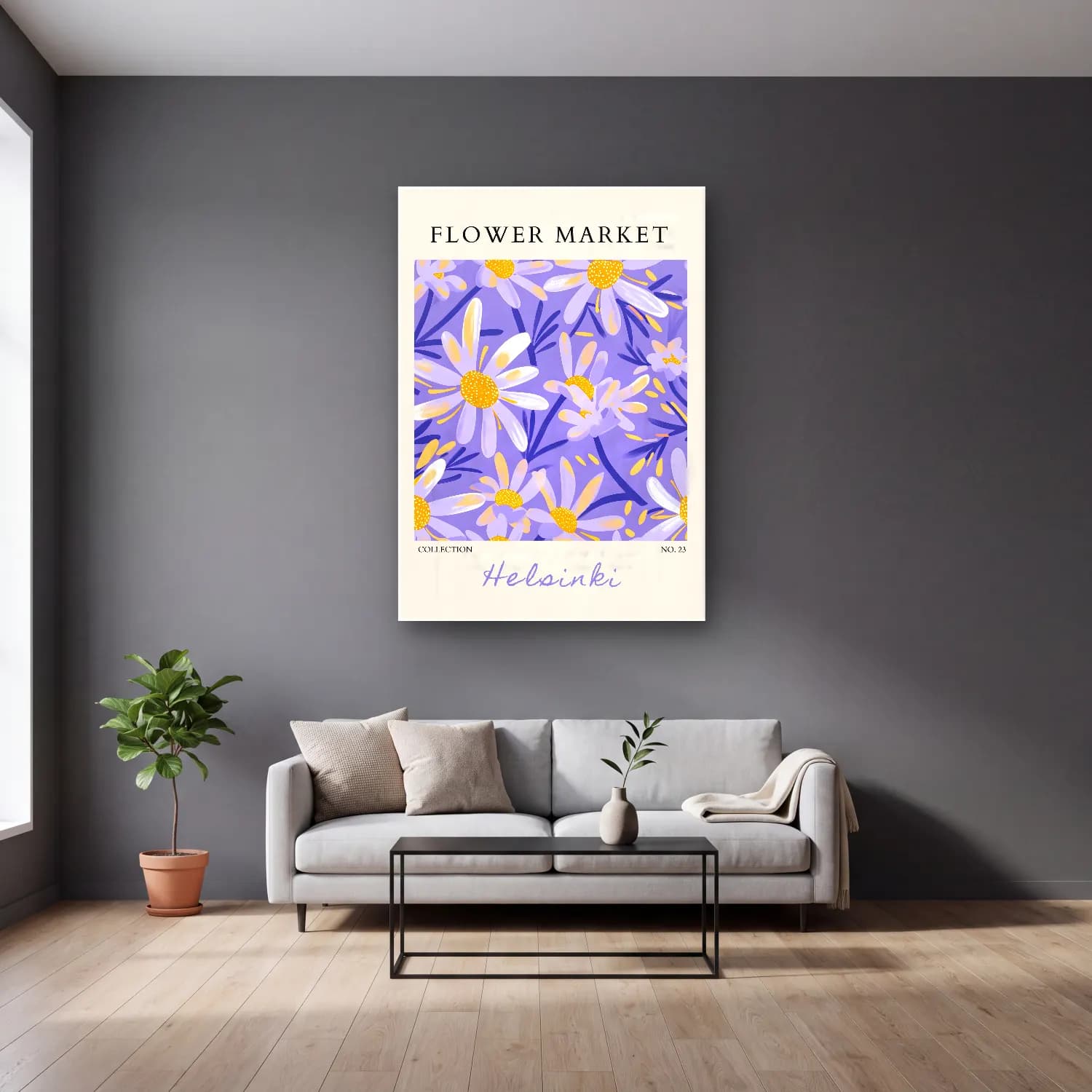 Pastel Papatyalar No. 10 cam tablo — gri duvarlı salonda
