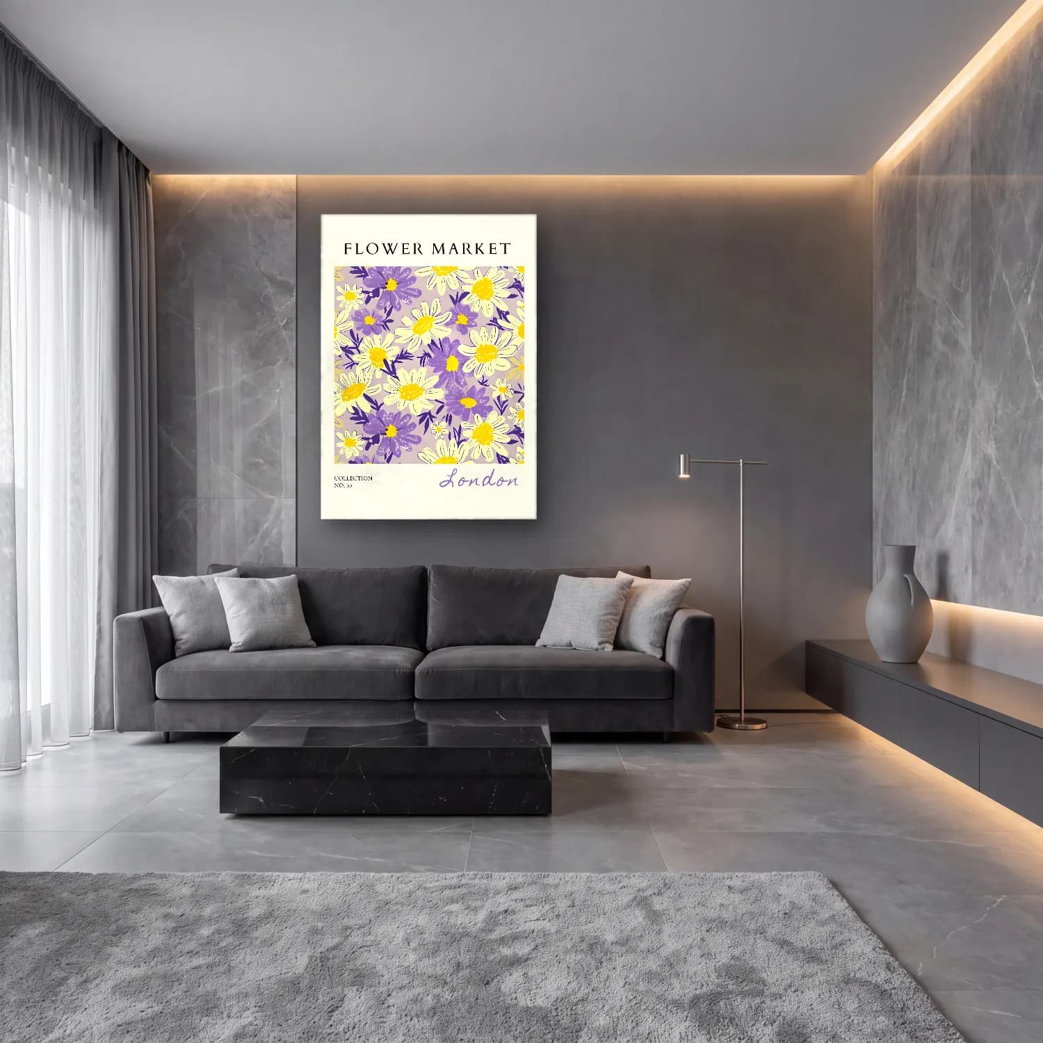 Pastel Papatyalar No. 11 cam tablo — lüks salon duvarında