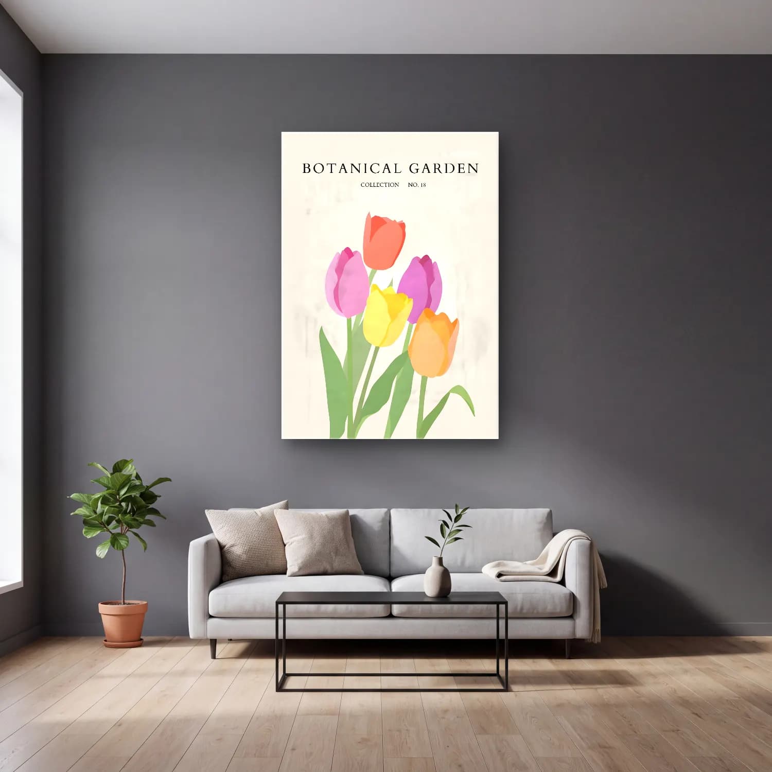 Pastel Laleler No. 7 cam tablo — gri duvarlı salonda