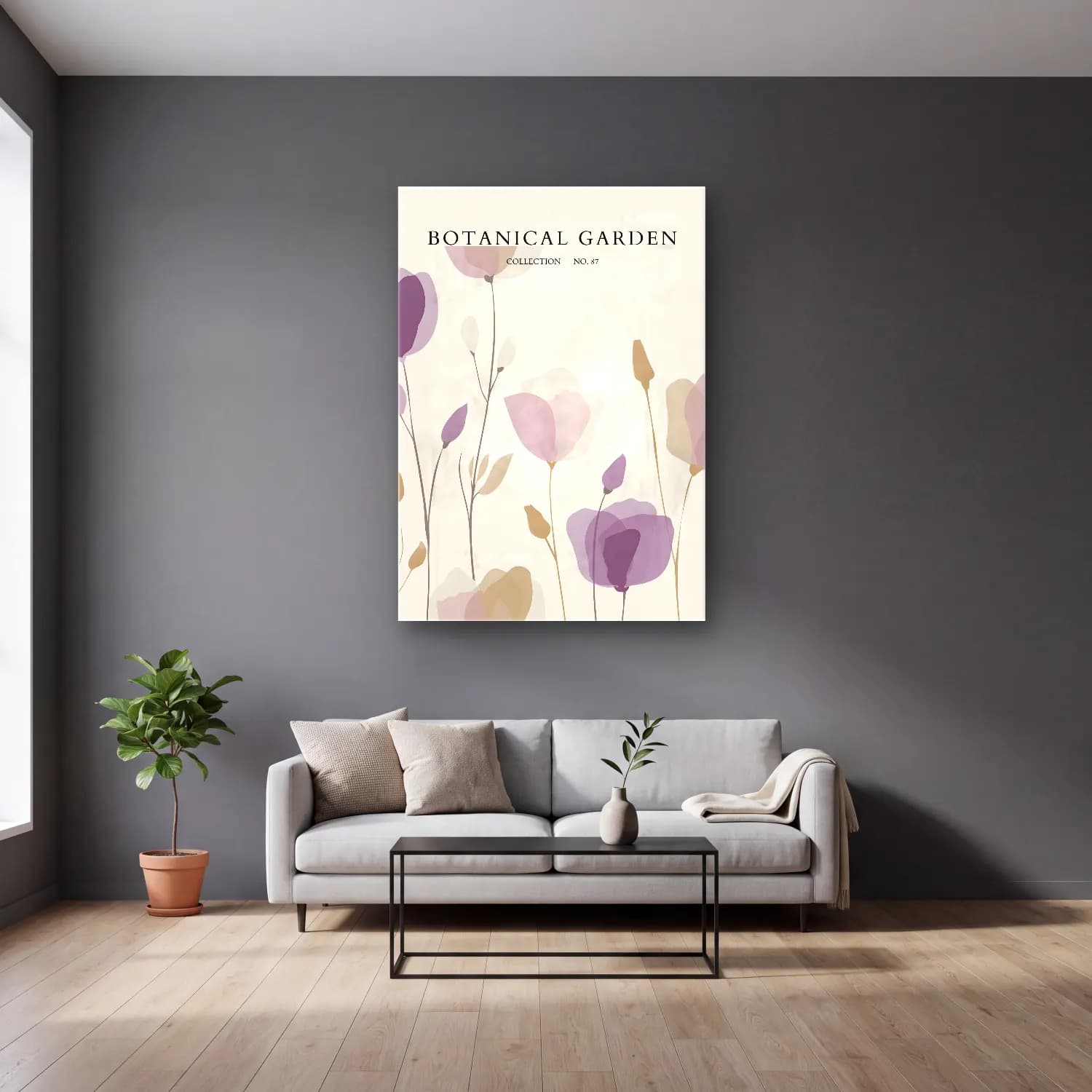 Pastel Çiçek Deseni No. 124 cam tablo — gri duvarlı salonda