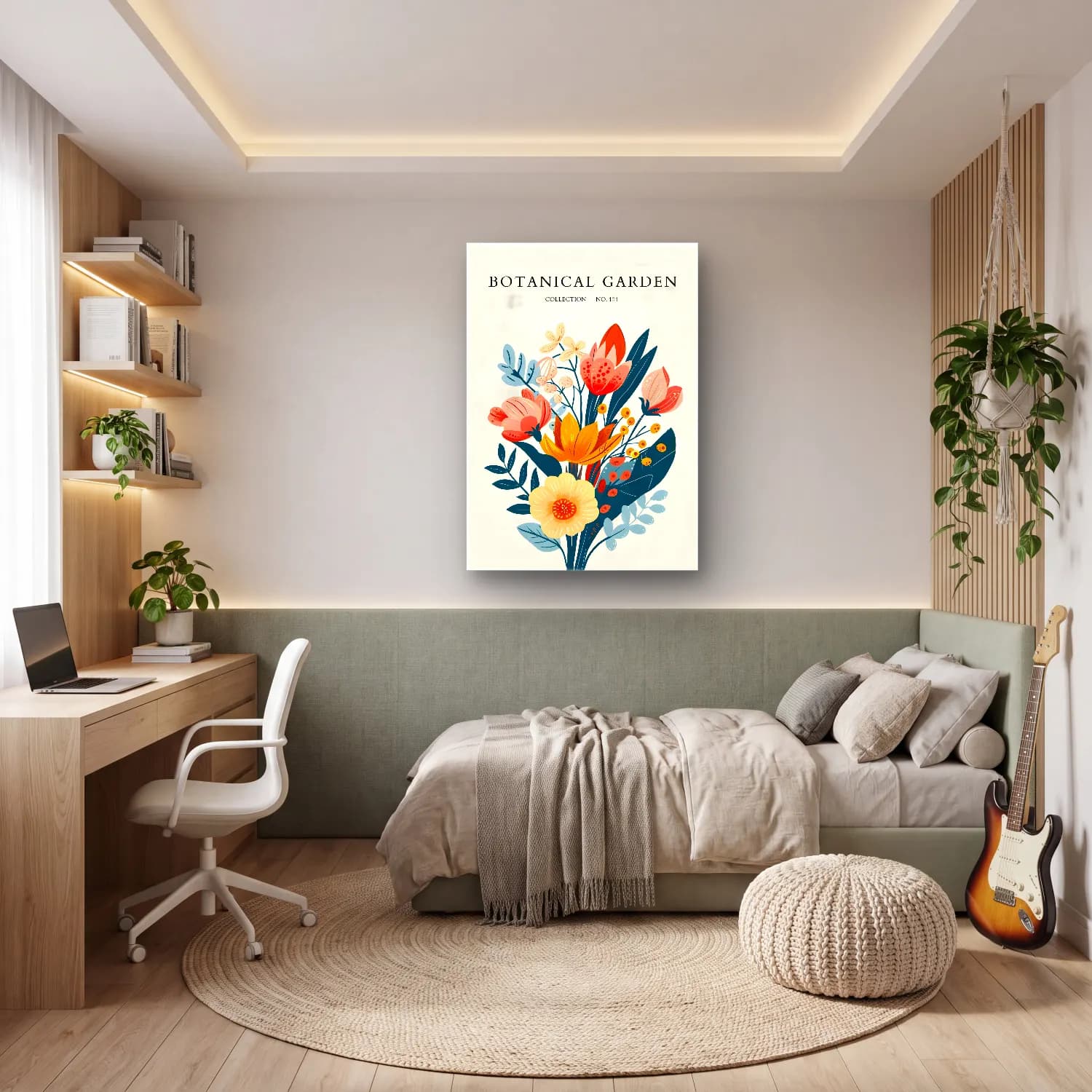 Boho Vazoda Çiçek Buketi No. 2 cam tablo — genç odasında