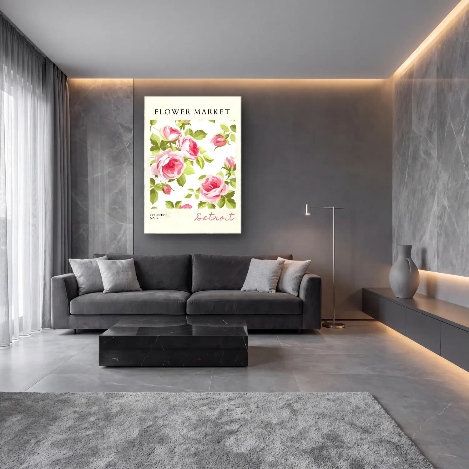 Pastel Güller No. 8 cam tablo — lüks salon duvarında