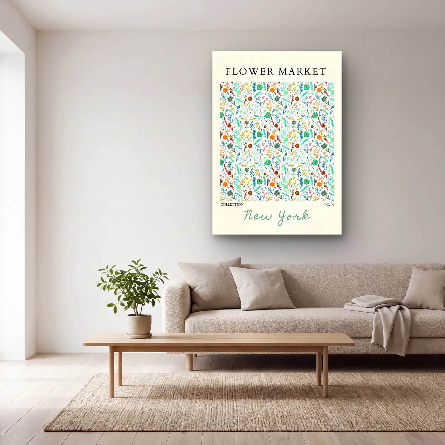 Boho Çiçek Deseni No. 34 cam tablo — açık renk salonda