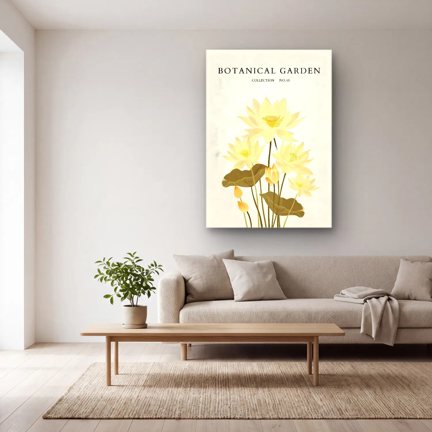 Botanik İllüstrasyon Lotus Çiçekleri No. 10 cam tablo — açık renk salonda