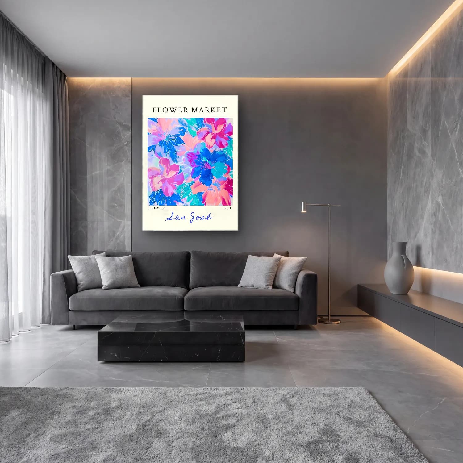 Pastel Çiçek Deseni No. 126 cam tablo — lüks salon duvarında