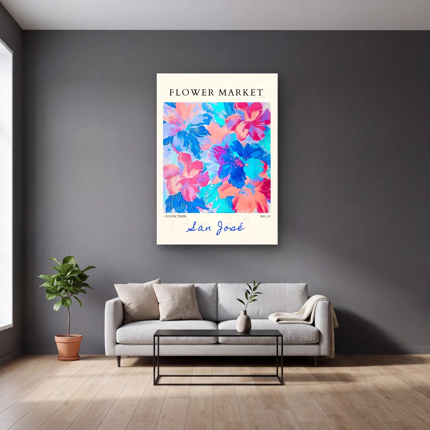 Pastel Çiçek Deseni No. 126 cam tablo — gri duvarlı salonda